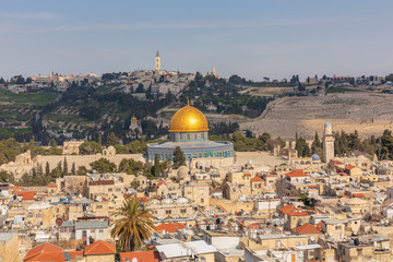 Wall Mural - View on the mosque Dome of the Rock and Orthodox Church of Maria Magdalena