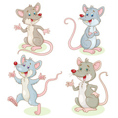 Poster - A set of four funny gray rats in different poses. In cartoon style. Isolated on white background