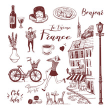 French Vintage Set Of Cafe, Girl And Dachshund, Man, Bistro, Etc. Lettering Of French Words. Set For Postcard, Menu, Background. Hand Drawn Style Vector Doodle Design Illustration.