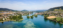 Aerial Drone Photography Of The Beginning Part Of Rhine River At Lake Constance: Islet Werd, Stein Am Rhein, Switzerland.