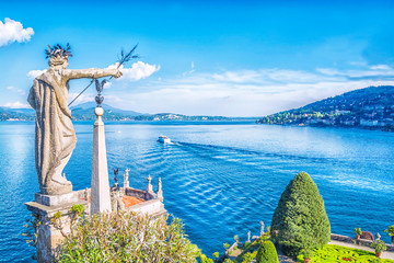 Wall Mural - Beautiful Isola Bella island with flower garden and sculptures on Lake Lago Maggiore, Stresa, Italy