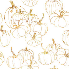 Line Art Golden Seamless Pattern For Autumn Festival. Hand Painted Traditional Pumpkins With Branches Isolated On Black Background. Botanical Illustration For Design, Print Or Background.