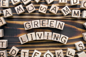 green living wooden cubes with letters, environmental Protection concept, around the cubes random letters, top view on wooden background