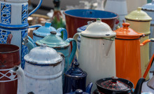 Water jugs on flea market Provence France