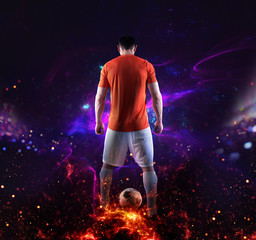 Wall Mural - Football scene with soccer player in front of a futuristic digital background