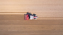 Tractor On A Plowed Field, Top View. Agricultural Field For Planting Vegetables. Tractor Makes Furrows On The Field.