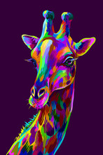 Giraffe. Abstract, Colorful Artistic Portrait Of A Giraffe On A Dark Purple Background In The Style Of Pop Art.