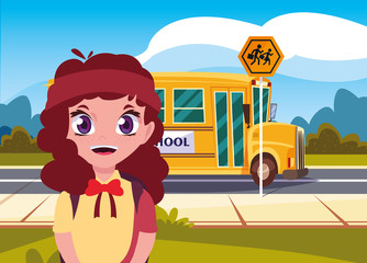 Canvas Print - school girl with bag in the street bus