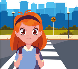 Canvas Print - school girl with bag in the city street