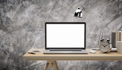 Computer notebook blank screen on wood table and cement background workspace mock up design illustration 3D rendering