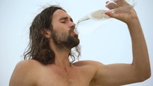 Man With Torso Greedily Drinking Water, Thirsty Wanderer Suffering From Heat