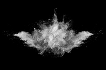 Wall Mural - White powder explosion on black background. Colored cloud. Colorful dust explode. Paint Holi.