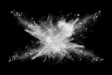 Wall Mural - white powder explosion on black background. colored cloud. colorful dust explode. paint holi.