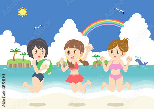 海夏水着の若い女性ビーチ海水浴青空stock Vector Adobe Stock