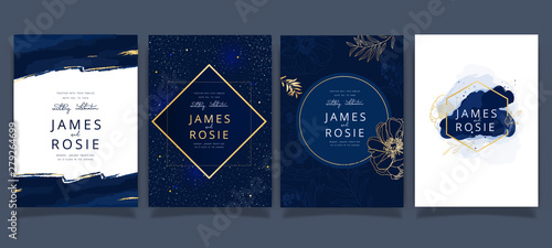 Cuadros en Lienzo Navy and indigo Wedding Invitation, floral invite thank you, rsvp modern card De