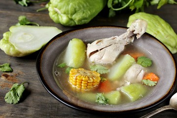 Canvas Print - Olla de Carne - Traditional Costa Rican Recipe. chicken soup and chayote, corn, carrots