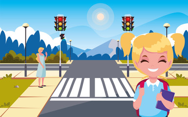 Canvas Print - school girl with mom the street bus stop