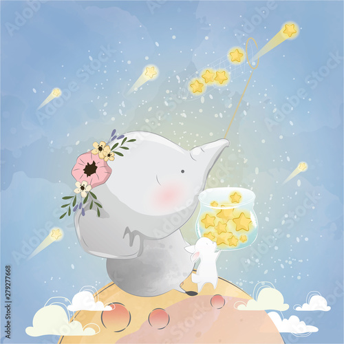 baby-elephant-and-bunny-catching-stars-together