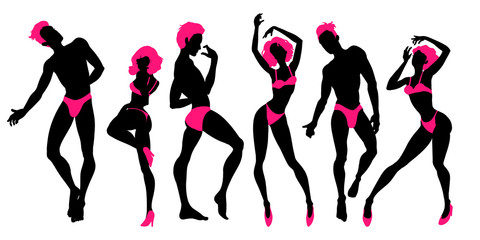 Group of dancing people silhouettes, sexy dancers, men and women, go-go boys and girls, strippers, vector illustration