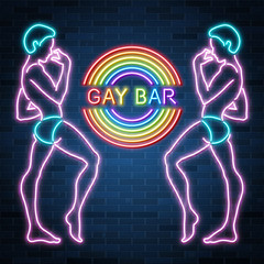 Gay bar neon banner, sexy guy figure, man silhouette, nightclub, rainbow, vector illustration