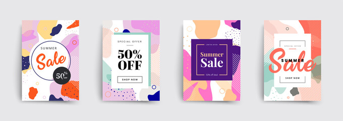 Set of sale brochures templates. Memphis covers design. Trendy colorful bubble shapes composition. Vector backgrounds.