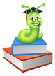 A bookworm caterpillar worm cartoon character education mascot sitting on a pile of books wearing graduation mortar board hat and glasses