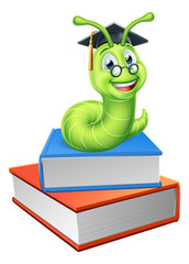 Canvas Print - A bookworm caterpillar worm cartoon character education mascot sitting on a pile of books wearing graduation mortar board hat and glasses