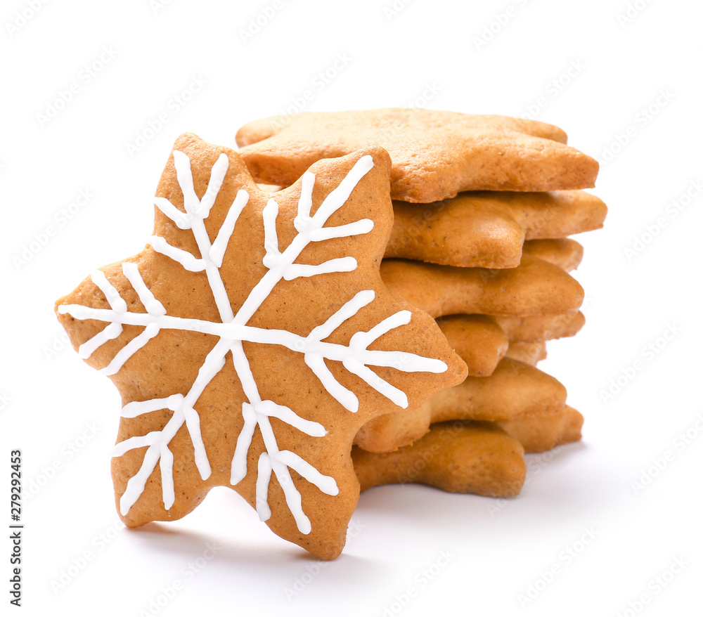 Tasty Christmas cookies on white background