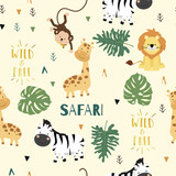 Cute safari background with giraffe,zebra,lion,monkey,leaves.Vector illustration seamless pattern for background,wallpaper,frabic.include wording wild and free.Editable element