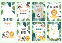Green Collection Of Safari Background Set With Lion,zebra,giraffe,monkey.Editable Vector Illustration For Birthday Invitation,postcard And Sticker.Wording Include Wild And Free