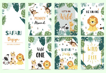 green collection of safari background set with lion,zebra,giraffe,monkey.editable vector illustratio