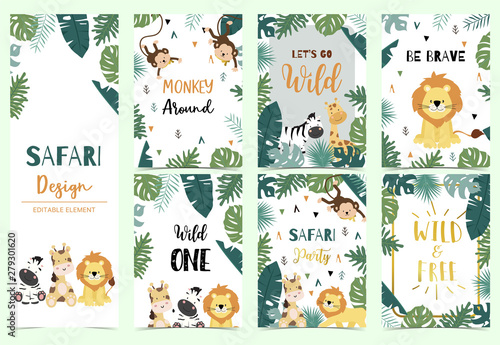 Green collection of safari background set with lion,zebra,giraffe,monkey Wallpaper Mural