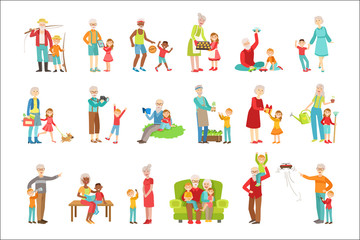 Sticker - Grandparents And Kids Spending Time Together Set Of Illustrations