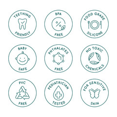 Vector set of design elements, logo design templates, icons and badges for natural and organic cosmetics in trendy linear style - safe for babies products