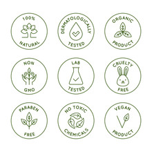 Vector Set Of Design Elements, Logo Design Templates, Icons And Badges For Natural And Organic Cosmetics Packaging In Trendy Linear Style