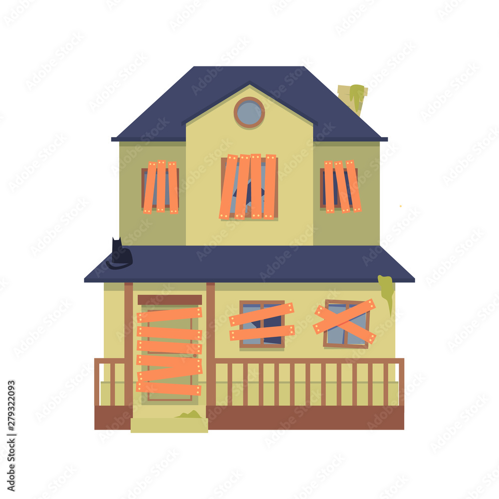 Vector old abandoned green two-storey house with boarded up windows, a door in flat cartoon style. - obrazy, fototapety, plakaty 