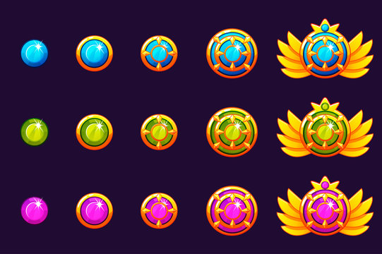 Gems award progress. Golden amulets set with round jewelry. Vector icons assets for game design on separate layers