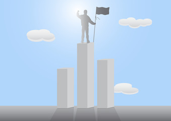 Silhouette of man standing on top of podium holding flag on blue sky background, successful, achievement and winning concept vector illustration