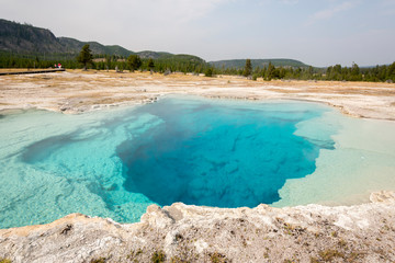 Geyser and hot spring in old faithful basin in Yellowstone National Park in Wyoming