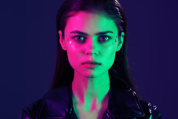 beautiful woman colored light neon spotlight portrait