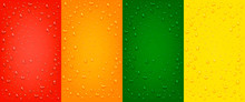 Set Of Liquid Realistic 3d Water Drops On Red, Orange, Yellow, Green Backgrounds.