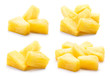 Canned pineapple chunks. Pineapple slices isolated. Set of pineapple chunks. Collection.