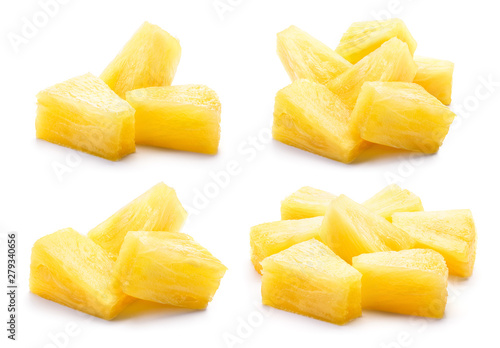 Canned pineapple chunks. Pineapple slices isolated. Set of pineapple chunks. Collection.