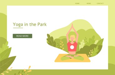 Wall Mural - Blonde girl meditates in the lotus position on the background of leaves and nature in the park.