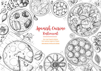 Spanish cuisine top view frame. A set of spanish dishes with albondigas, tortilla, fabada, paella, croquetas. Food menu design template. Vintage hand drawn sketch vector illustration. Engraved image