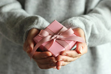 Gift Box In Female Hands. Holiday, Give, Gift.
