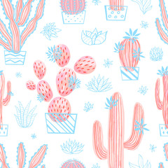 Cactus succulent wild seamless pattern flowers pastel color watercolor pink collections. Houseplant beautiful hand drawn vector illustration on white background.