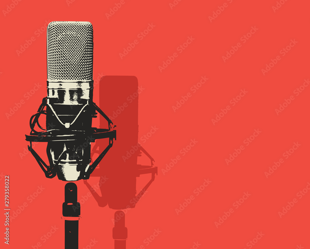 Vector banner with studio microphone on the red background in realistic style. Professional sound recording equipment. Suitable for banner, flyer, ad, poster, invitation to karaoke party - obrazy, fototapety, plakaty 