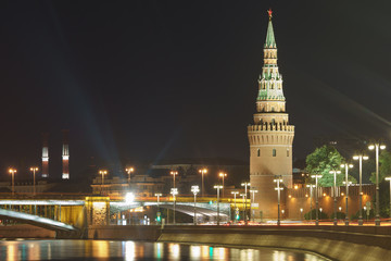 Wall Mural - Long exposure image of Moscow Kremlin Tower, Moskva River, Heat station pipes and  Bolshoy Kamenny Bridge in the summer night. High resolution photo.