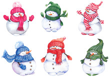 Cute Snowmen Wearing Knitted Hats, Scarves And Mittens. Watercolor Isolated On White Background.
